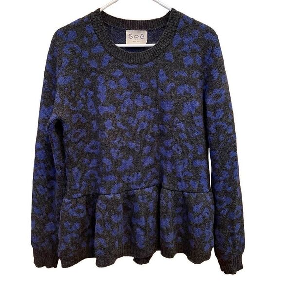 Sea New York Sweater Womens L Gray Blue Cheetah Print Peplum Hem Balloon Sleeve - Picture 1 of 5